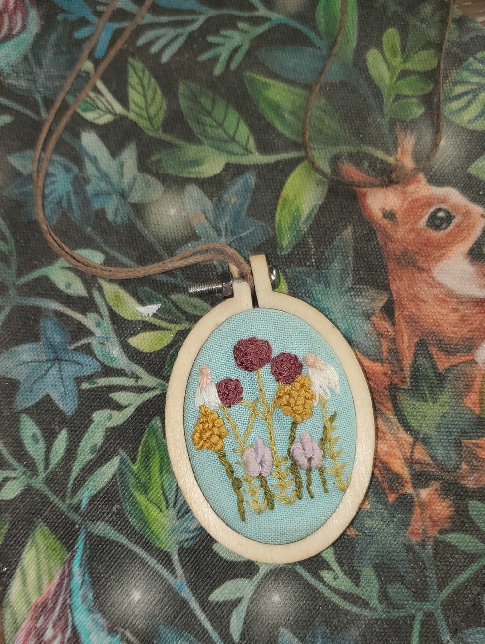 Wild Prarie Flowers Hand Embroidered Pendant Necklace